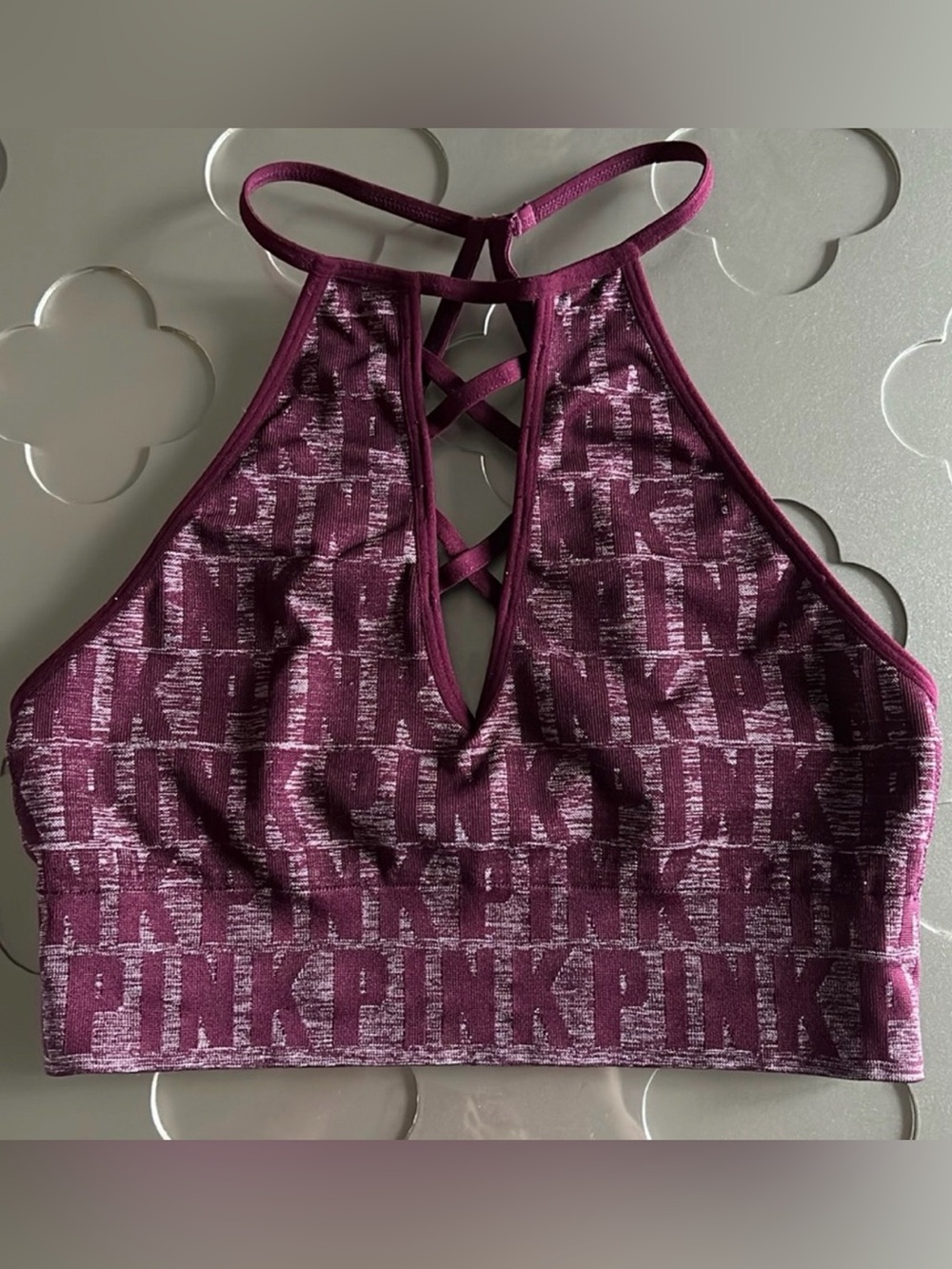 Victoria’s Secret PINK Cool & Comfy Strappy Logo Bralette Burgundy Sz Small - Picture 9 of 11
